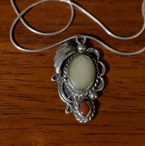 Native American Sterling silver coral necklace vintage mother of pearl 18"
